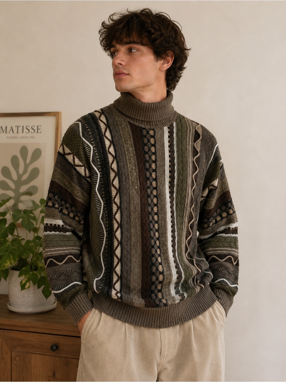 Vintage Coogi Style Textured Knit Turtleneck Sweater Mens Large Earth Tones